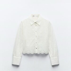 Zara White Eyelet Cropped Button-Down Shirt